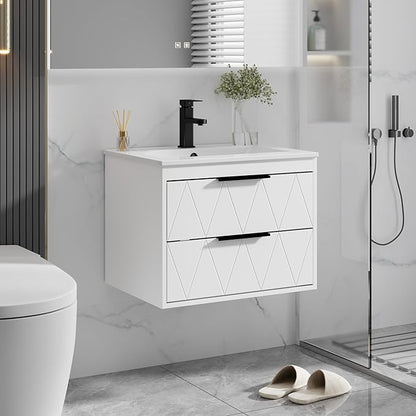 eclife 24" Bathroom Vanities Cabinet with Sink Combo, Wall Mounted Floating Cabinet W/Decor Line, Soft-Close System, 2 Extra Big Drawers, Matte Black Faucet, White