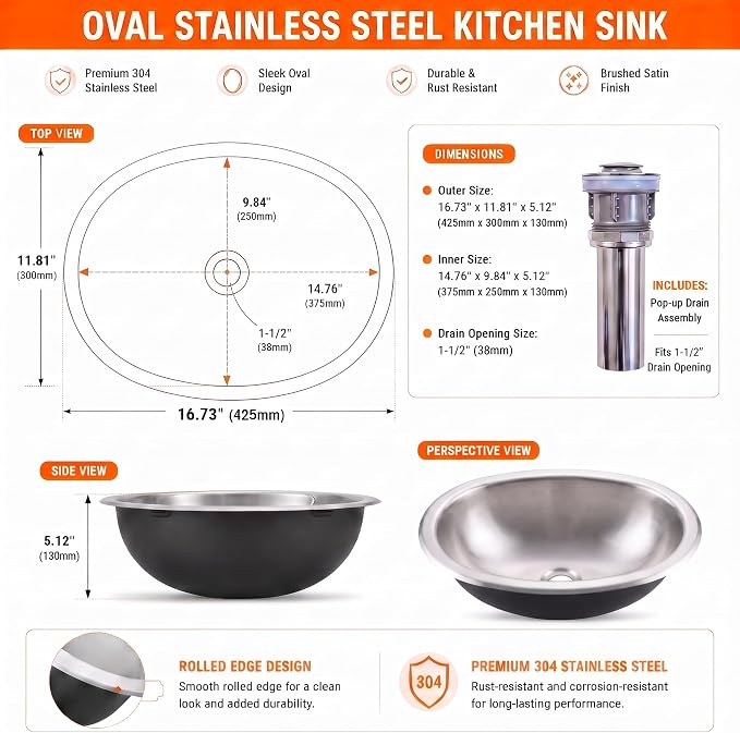 LQS Oval RV Bathroom Sink, 16.73 x 11.81 Inch Stainless Steel RV Sink | Topmount Oval RV Sink for Camper Bathrooms, Kitchens and Bars; 5.12-Inch Depth with Sink Drain Assembly Included