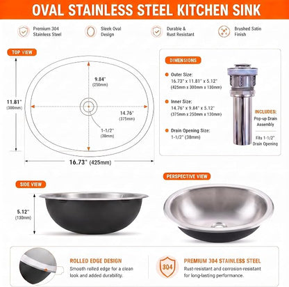 LQS Oval RV Bathroom Sink, 16.73 x 11.81 Inch Stainless Steel RV Sink | Topmount Oval RV Sink for Camper Bathrooms, Kitchens and Bars; 5.12-Inch Depth with Sink Drain Assembly Included