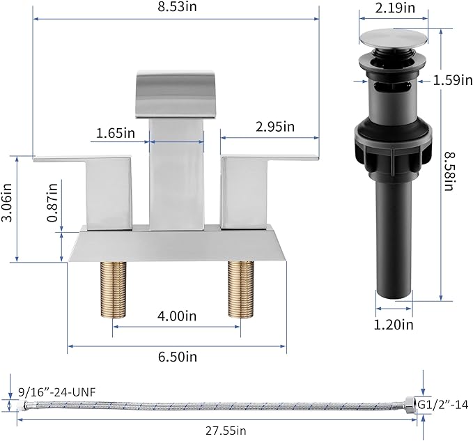 Brushed Nickel Waterfall Bathroom Faucet - 4Inch 2 or 3 Holes Centerset Faucet Bathroom | Two Handles RV Lavatory Basin Vanity Sink Faucets with Overflow Pop-up Drain Assembly & Supply Lines