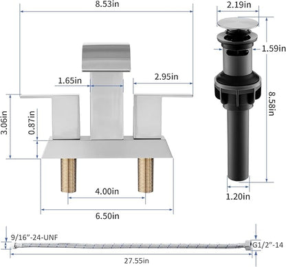 Brushed Nickel Waterfall Bathroom Faucet - 4Inch 2 or 3 Holes Centerset Faucet Bathroom | Two Handles RV Lavatory Basin Vanity Sink Faucets with Overflow Pop-up Drain Assembly & Supply Lines