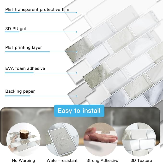 Art3d 10-Pack Subway Peel and Stick Backsplash, Beige & White, 12 x 12 Inch | Thickened Design, No Warping, Durable, Self-Adhesive, Sturdy, for Kitchen, Bedroom, Ideal for New Home Buyers, Future Movers