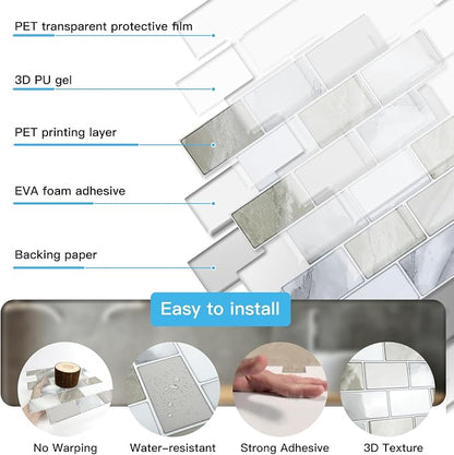 Art3d 10-Pack Subway Peel and Stick Backsplash, Beige & White, 12 x 12 Inch | Thickened Design, No Warping, Durable, Self-Adhesive, Sturdy, for Kitchen, Bedroom, Ideal for New Home Buyers, Future Movers