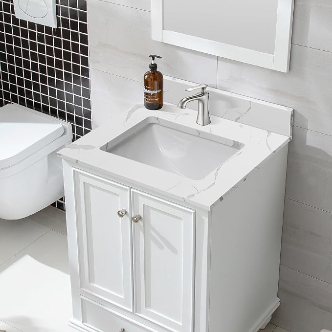 24 in.W x 22 in.D Quartz Calacatta River Vanity Top,with Undermount Middle Sink Vanity Top,with One Sidesplash & One Backsplash,Single Faucet Hole Spread Bathroom Vanity Sink Countertop