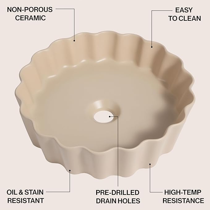 JONATHAN Y SNK1005G 15" Round Bathroom Vessel Sink, Art Deco Scallop Above Counter Vanity Sink, Matte Beige Ceramic Basin for Modern Powder Room and Lavatory