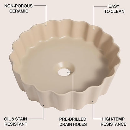 JONATHAN Y SNK1005G 15" Round Bathroom Vessel Sink, Art Deco Scallop Above Counter Vanity Sink, Matte Beige Ceramic Basin for Modern Powder Room and Lavatory