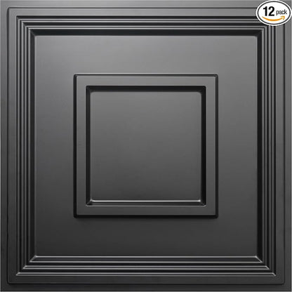 STICKGOO Black PVC Ceiling Tiles, 24 x 24 in, 12 Pack | 2 x 2ft Drop ceiling panels, covers 48 sq ft, lightweight, ideal for glue-up installation or covering existing ceiling