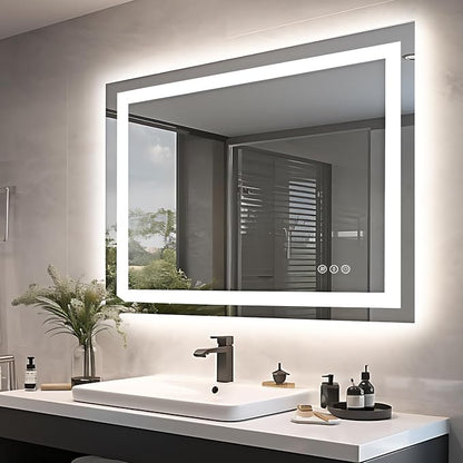 EchosLife 40"x30" LED Lights Bathroom Mirror | Backlit + Front Lit, Anti-Fog, Stepless Dimmable, 3 Colors, Memory, Tempered Glass, UL Listed, Horizontal/Vertical