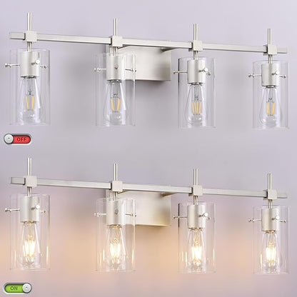 SOLFART 4 Light Bathroom Vanity Lights Bathroom Lights Over Mirror Vintage Bath Lighting Brushed Nickel Wall Sconce with Glass Shade