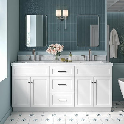 ARIEL Hamlet 72-inch Bathroom Vanity with Sink,Solid Wood, 1.5-inch Italian Carrara Marble Countertop, Double Rectangular Porcelain Sink, 4 Soft Closing Doors, 3 Dovetail Drawers, White