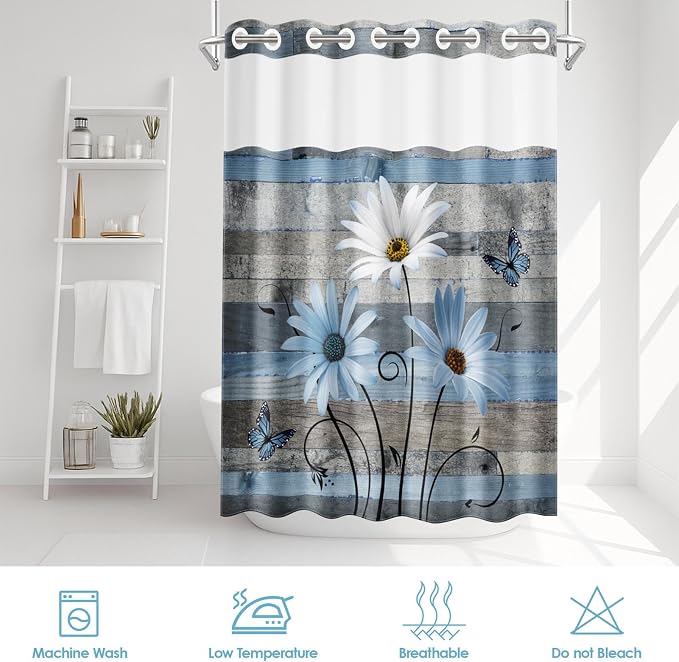 No Hook Shower Curtain with Snap in Liner 71x86 Inch Floral Blue | Farmhouse Rustic Butterfly Modern Double Layers Waterproof Fabric with See Through Top Window Open Grommet Bath Curtain