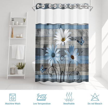 No Hook Shower Curtain with Snap in Liner 71x86 Inch Floral Blue | Farmhouse Rustic Butterfly Modern Double Layers Waterproof Fabric with See Through Top Window Open Grommet Bath Curtain
