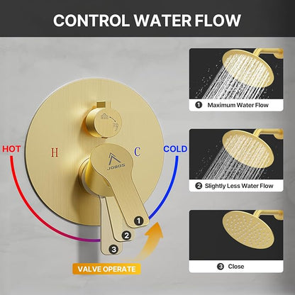 Shower Faucet Set Brass 8IN Rough-In Valve Body Trim Kit Rainfall Included Handle Accessories Complete 2 Functions with Rain Head and Handheld Bathroom Systems (8‘’, Brushed Gold)