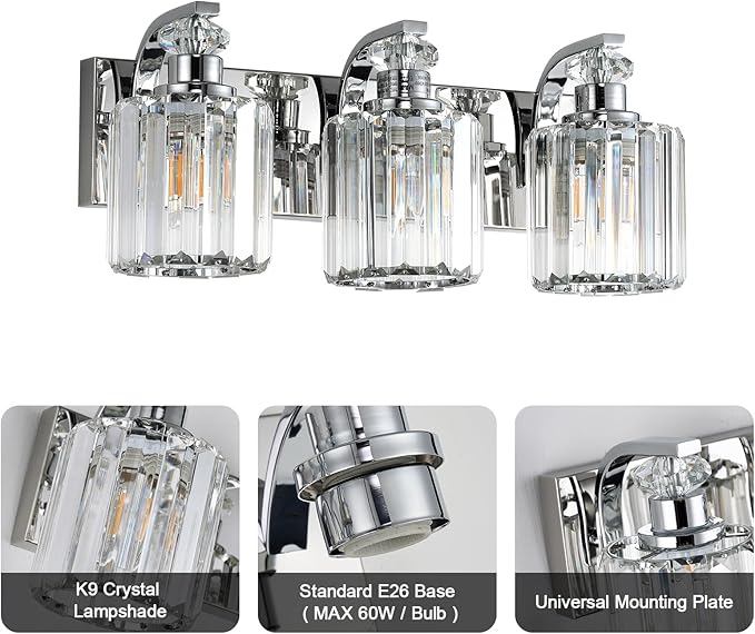 Chrome Bathroom Light Fixtures with K9 Crystal Lampshade Bathroom Lighting Over Mirror Vanity Lights for Living Room,Bedroom,Restroom,Hallway 3 Lights