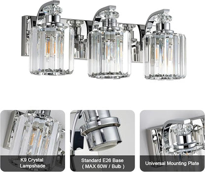 Chrome Bathroom Light Fixtures with K9 Crystal Lampshade Bathroom Lighting Over Mirror Vanity Lights for Living Room,Bedroom,Restroom,Hallway 3 Lights