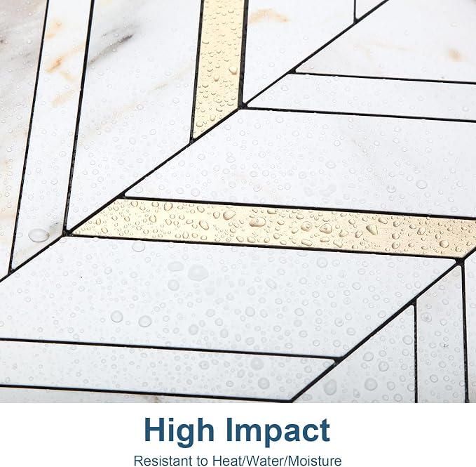 Yipscazo 10 Sheets Herringbone Backsplash Peel and Stick Tile, Marble Calacata Mixed Metal Gold PVC Stick on Backsplash for Kitchen, Waterproof Self Adhesive Wall Tile for Bathroom