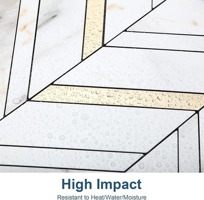 Yipscazo 10 Sheets Herringbone Backsplash Peel and Stick Tile, Marble Calacata Mixed Metal Gold PVC Stick on Backsplash for Kitchen, Waterproof Self Adhesive Wall Tile for Bathroom