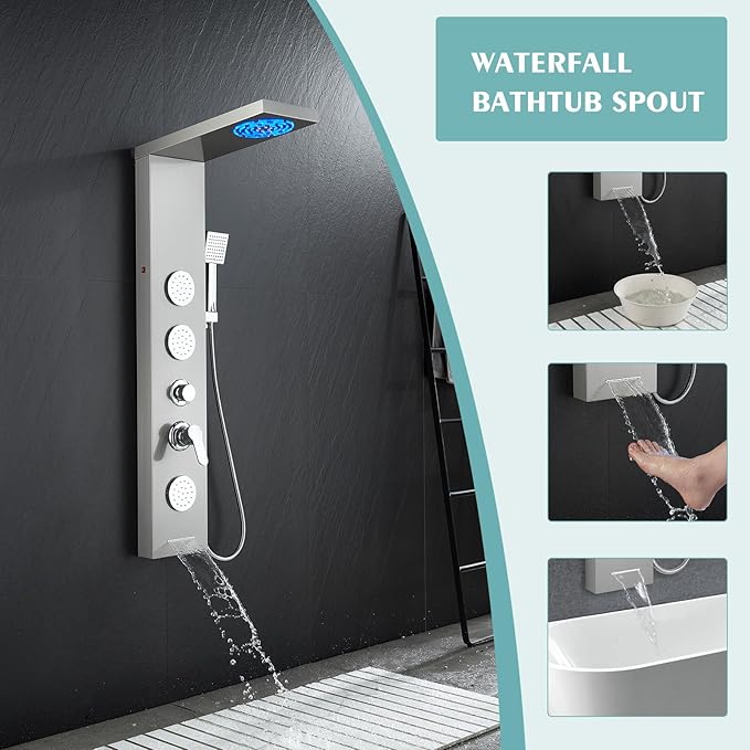 Shower Panel Tower System for Bathroom - 5 In 1 Full Body Shower Tower With Led, Rainfall Shower Head With Powerful Body Jets, Handheld Shower and Tub Spout, Brushed Finish
