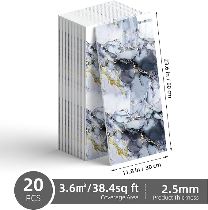 20 Pack 11.8"x23.6" Peel and Stick Backsplash Wall Panels, Self Adhesive Waterproof Back Splash Marble Tiles for Kitchen Bathroom, TV Walls, Living Room Blue (Not Real Tiles)