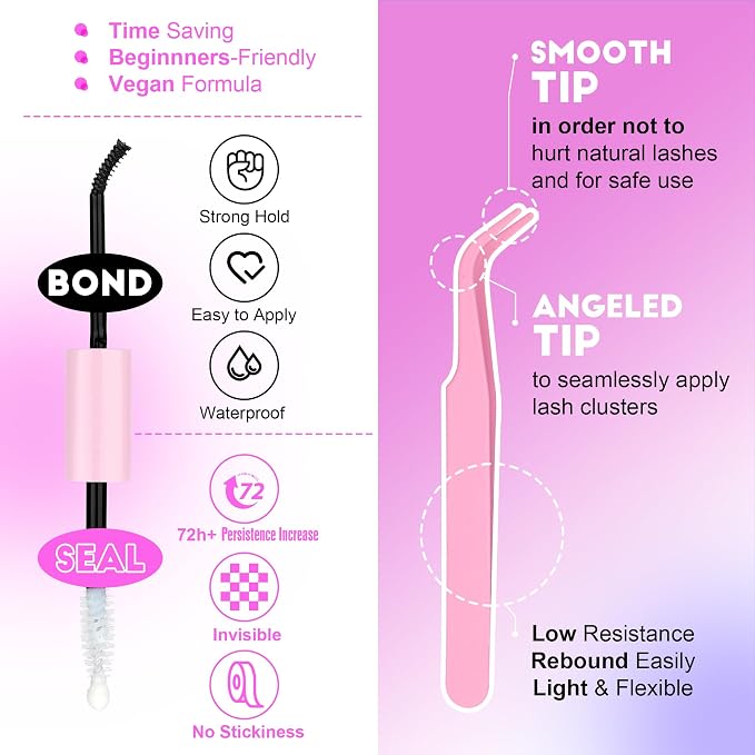 Lash Clusters Kit Cat Eye Lash Extension Kit DIY 9-16mm Cluster Eyelash Extensions Kit 40D Individual Lashes with Lash Bond and Seal, Lash Tweezers for Self Use (Fox 40D, 9-16mm, Kit)