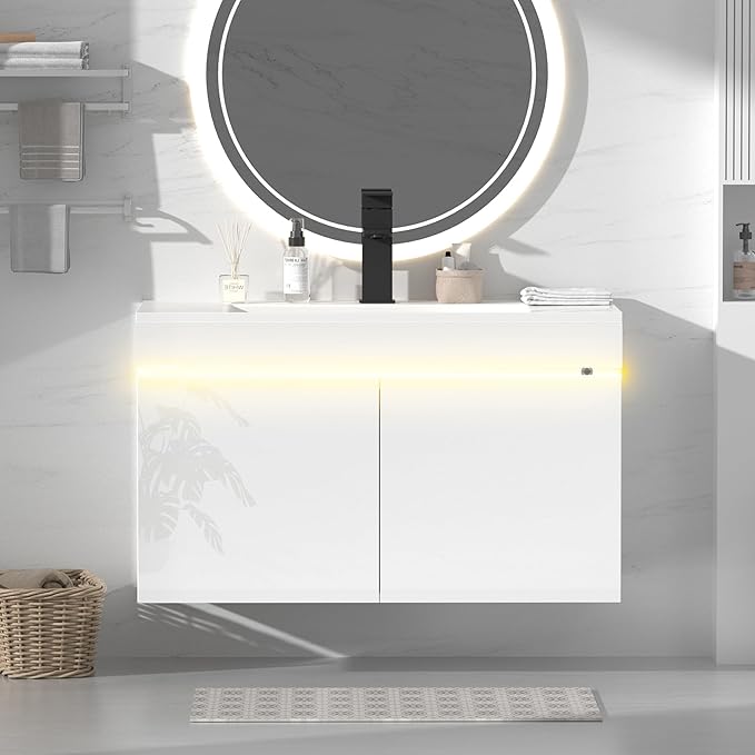 AHB 30 inch Bathroom Vanity W/Sink Combo, High Gloss Bathroom Cabinet, Smart Wall Mounted Sink Cabinet Auto Motion Sensor LED Light, Modern Floating Vanity with Faucet