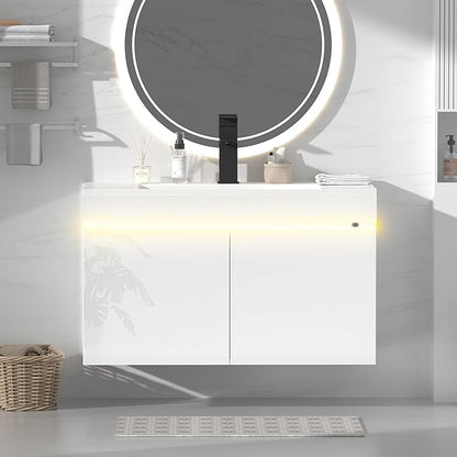 AHB 30 inch Bathroom Vanity W/Sink Combo, High Gloss Bathroom Cabinet, Smart Wall Mounted Sink Cabinet Auto Motion Sensor LED Light, Modern Floating Vanity with Faucet