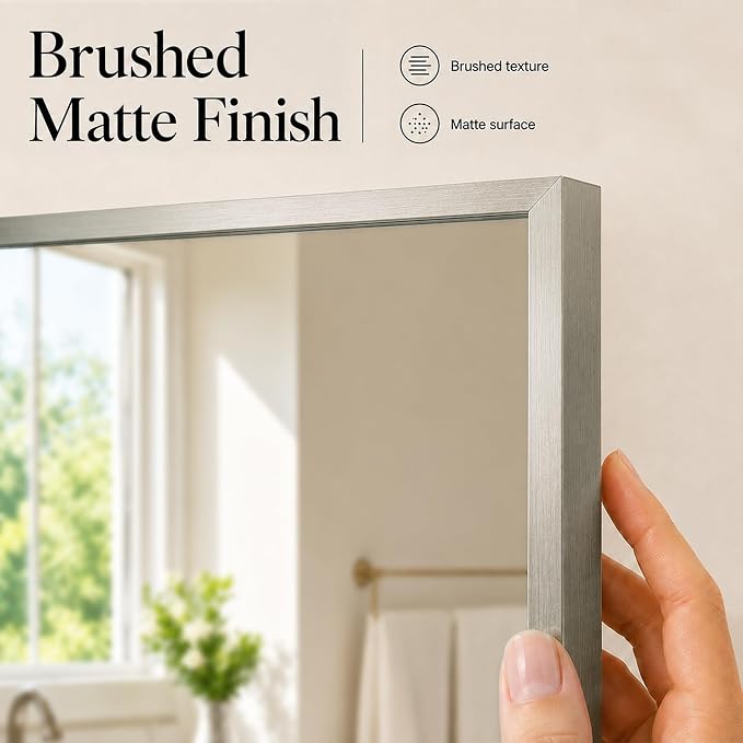 40"x30" Brushed Nickel Framed Rectangle Bathroom Vanity Wall Mirror | Over-Sink Vanity Mirror, Slim Metal Frame, Entryway or Dresser Use, Vertical/Horizontal Mount, Tempered Glass