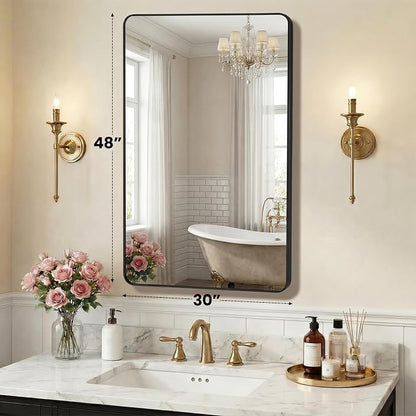 NEWBULIG Bathroom Wall Mirror, Vanity Mirror for Bathroom Sink, 30X48 Inch | Rectangle Rounded Corners, Metal Frame, Bedroom Entryway, Horizontal or Vertical Hang, Black
