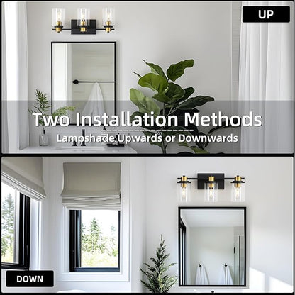 LOUSACE Bathroom Light Fixtures Black and Gold, 3 Light Bathroom Vanity Light, Modern Bathroom Light over Mirror with Clear Glass Shades, Brushed Gold Socket Wall Vanity Lighting Fixtures for Bathroom