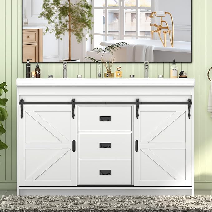 48" Bathroom Vanity with Double Sink, Bathroom Vanities with 2 Sliding Drawers and 4 Storage Shelves, Farmhouse Bathroom Vanity with Sink and Countertop, Bathroom Vanity Cabinet Set