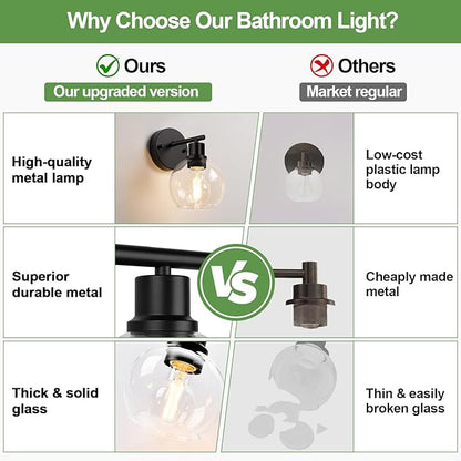 Set of 2 Black Modern Bathroom Wall Sconces, Clear Glass Vanity Lights with E26 Socket, Up & Down Reversible Bathroom Light Fixtures for Mirror, Bedroom, Hallway, Living Room