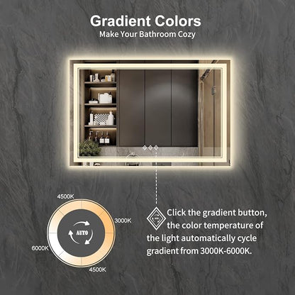 LED Bathroom Mirror, 48x32 Inch Gradient Front and Backlight Lighted Vanity Mirror, 3 Colors Dimmable CRI>90 Double Lights, IP54 Enhanced Anti-Fog, Hanging Plate Wall Mount LED Light Mirror