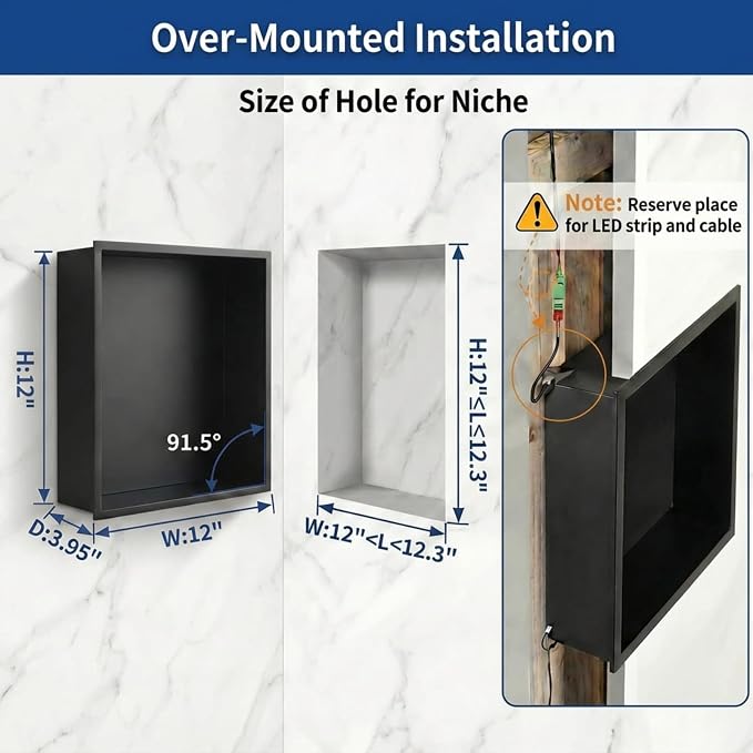 304 Stainless Steel LED Recessed Black Shower Niche 12"x12" Wall-Inserted | Waterproof Rustproof Bathroom Shower Niche Insert No Tile Needed, for Shower & Bathroom Storage