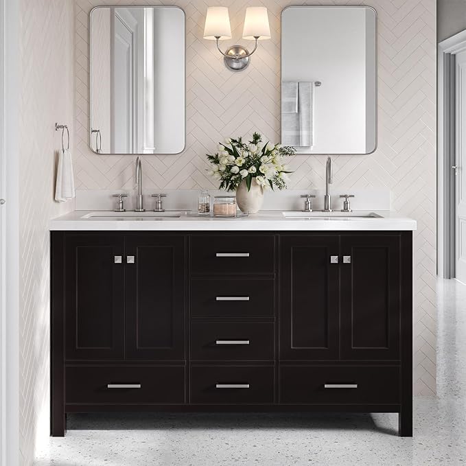 DKB Beckford 60" Espresso Double Bathroom Vanity with Sink, 1.5" Pure White Quartz Countertop, Center Rectangular Sinks, 4 Soft Closing Shaker Doors, 6 Dovetail Drawers