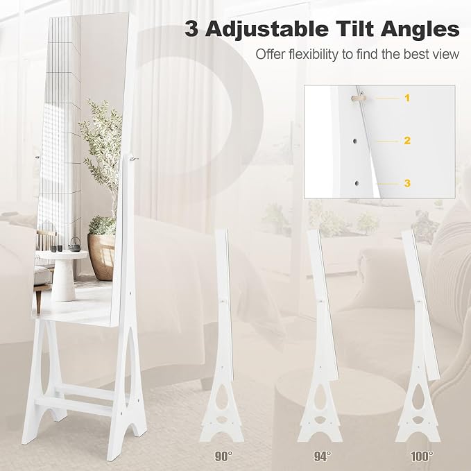 NAFORT Standing Mirror Jewelry Cabinet with 12 LED Lights, Large Storage Mirror Full Length, Jewelry Armoire with 3 Storage Shelves, 3 Angle Adjustments, White