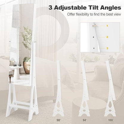 NAFORT Standing Mirror Jewelry Cabinet with 12 LED Lights, Large Storage Mirror Full Length, Jewelry Armoire with 3 Storage Shelves, 3 Angle Adjustments, White
