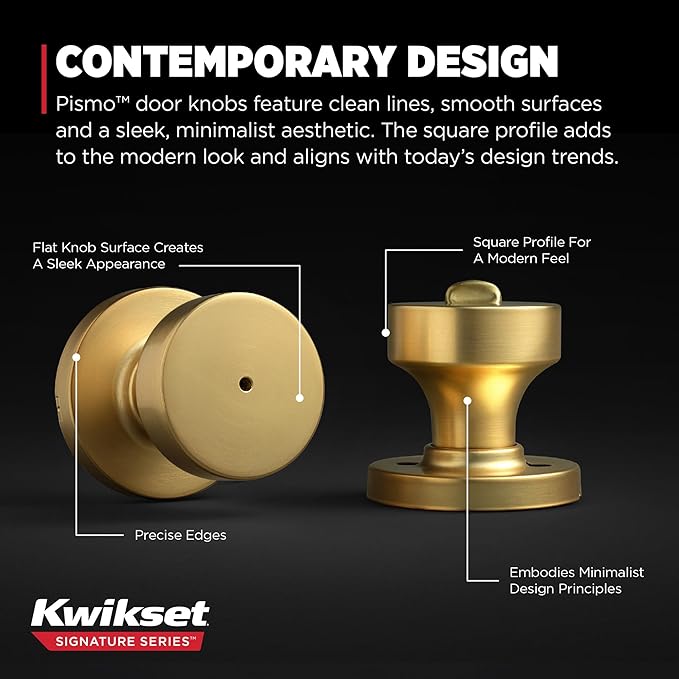Kwikset Pismo Interior Privacy Door Knob with Lock, Door Handle for Bathroom and Bedroom, Satin Brass, Round, Keyless Turn Lock Doorknob, Microban Protection (Pack of 10)