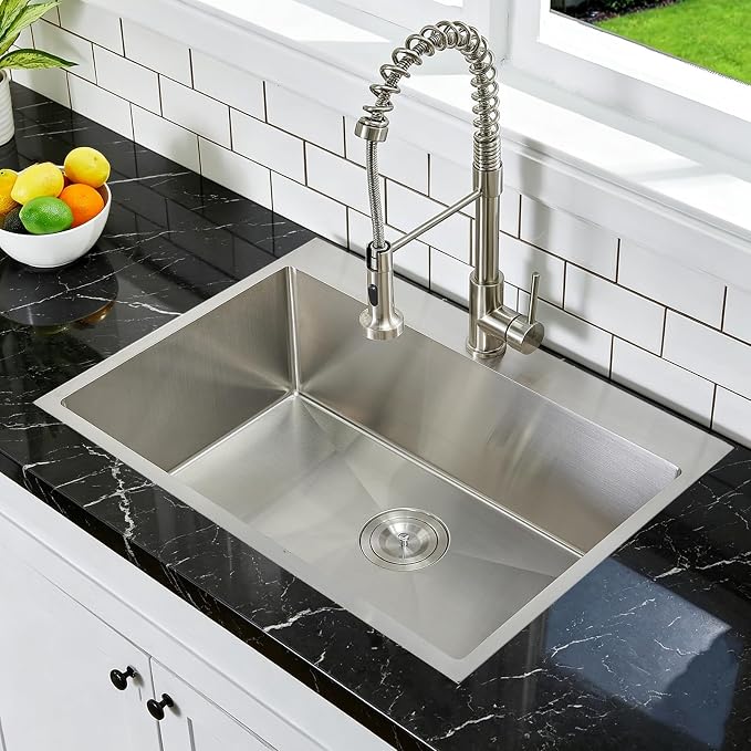 VCCUCINE 28x18 Inch Drop in Kitchen Sink 16 Gauge Top Mount Handmade T304 Brushed Nickel Kitchen Sink,Stainless Steel Single Bowl Workstation Topmount Overmount Sink with Strainer