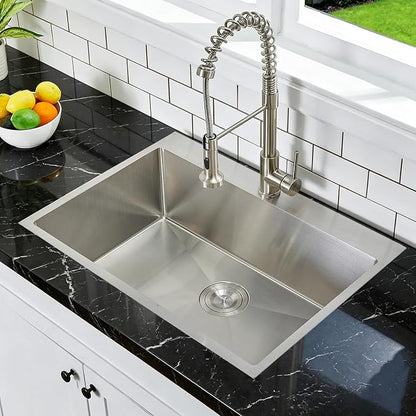 VCCUCINE 28x18 Inch Drop in Kitchen Sink 16 Gauge Top Mount Handmade T304 Brushed Nickel Kitchen Sink,Stainless Steel Single Bowl Workstation Topmount Overmount Sink with Strainer