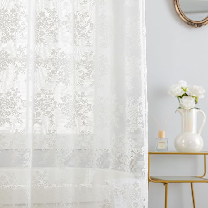 TUDECO Extra Long Ivory Lace Shower Curtain for Bathroom, 72W x 85L Inch | Vintage Floral, Semi Sheer, Antique Vibe, Scalloped Bottom, Attached Valance, Soft Light, Gentle Privacy, Mechine Washable