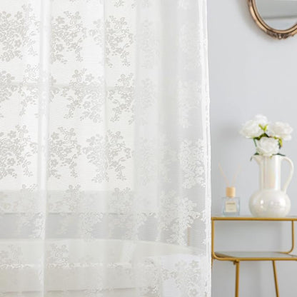 TUDECO Extra Long Ivory Lace Shower Curtain for Bathroom, 72W x 85L Inch | Vintage Floral, Semi Sheer, Antique Vibe, Scalloped Bottom, Attached Valance, Soft Light, Gentle Privacy, Mechine Washable