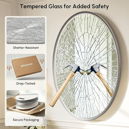 Brushed Nickel Oval Bathroom Mirror 24x36 Inch | Silver Vanity Mirror, Crystal-Clear HD Glass, Rust-Proof Aluminum Frame, Inner-Curved Decor for Bedroom, Entryway Renovation