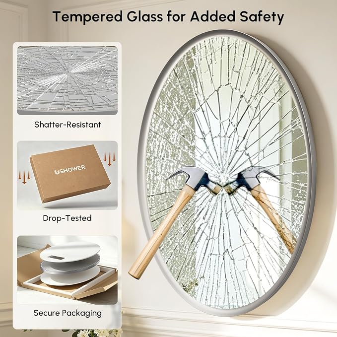 Brushed Nickel Oval Bathroom Mirror 20x28 Inch | Silver Vanity Mirror, Crystal-Clear HD Glass, Rust-Proof Aluminum Frame, Inner-Curved Decor for Bedroom, Entryway Renovation
