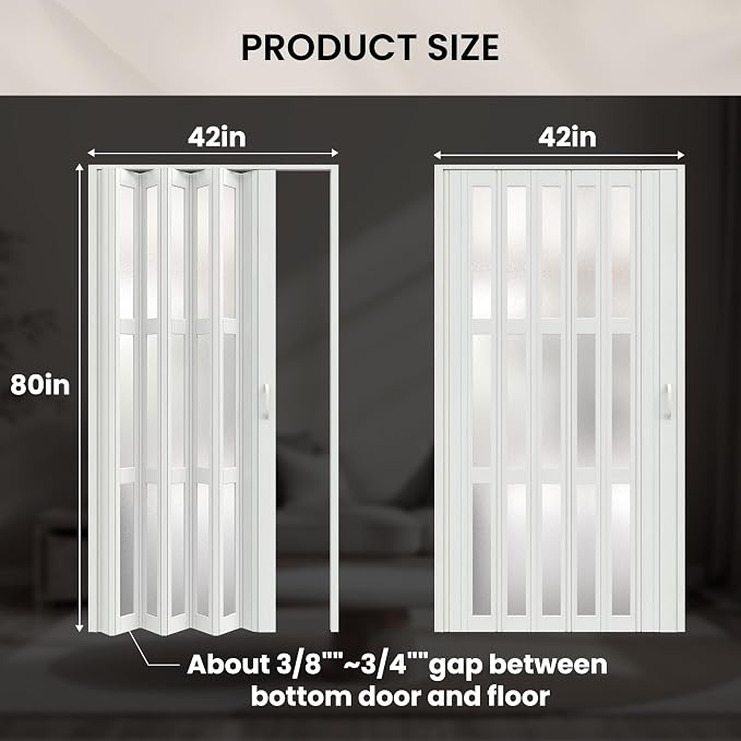 SmartStandard 42" x 80" Accordion Doors with Frosted Acrylic Glass, White | Save Space, Full-Side Magnetic Strip, Double-Layer PVC Accordion Doors Interior for Doorway Closet, Easy to Assemble