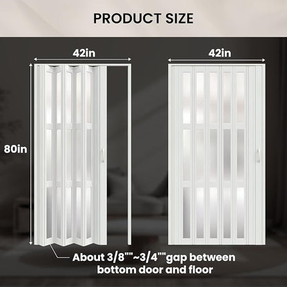SmartStandard 42" x 80" Accordion Doors with Frosted Acrylic Glass, White | Save Space, Full-Side Magnetic Strip, Double-Layer PVC Accordion Doors Interior for Doorway Closet, Easy to Assemble
