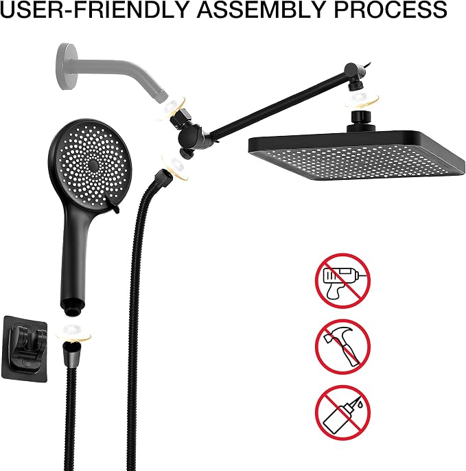 Shower Head with Handheld, Built-in Power Wash Mod High Pressure Rain Showerhead Spray Combo Set, Adjustable 13" Dual Tandem Shower Heads - Matte Black