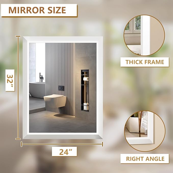 SMIROR 24x32 Matte White Bathroom Vanity Mirror for Over Sink | Metal Wide Frame, Rectangle, Right- Angle Corner, Anti-Rust, Horizontally or Vertically Wall- Mounted for Home Remodel