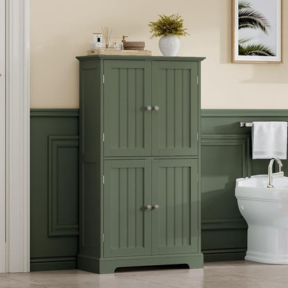 ChooChoo Bathroom Floor Cabinet with Adjustable Shelves | Bathroom Storage Cabinet, 4 Doors, Freestanding Cupboard for Living Room, Green