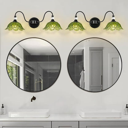 Black Bathroom Vanity Light, 2-Light Vanity Light with Floral Green Glass Shades,Vintage Farmhouse Wall Mount Lighting for Bathroom, Dressing Table