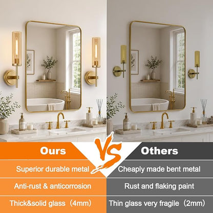 MOKATNG Hardwired Wall Sconces Set of Two, Brushed Gold Bathroom Sconces with Amber Glass, Modern Wall Light Fixtures for Bathroom Mirror Vanity, Living Room, Hallway, Stairway, Cabinet, Foyer